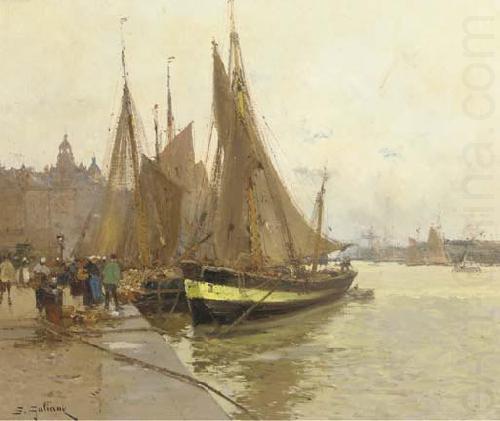 A bustling quayside, Eugene Galien-Laloue
